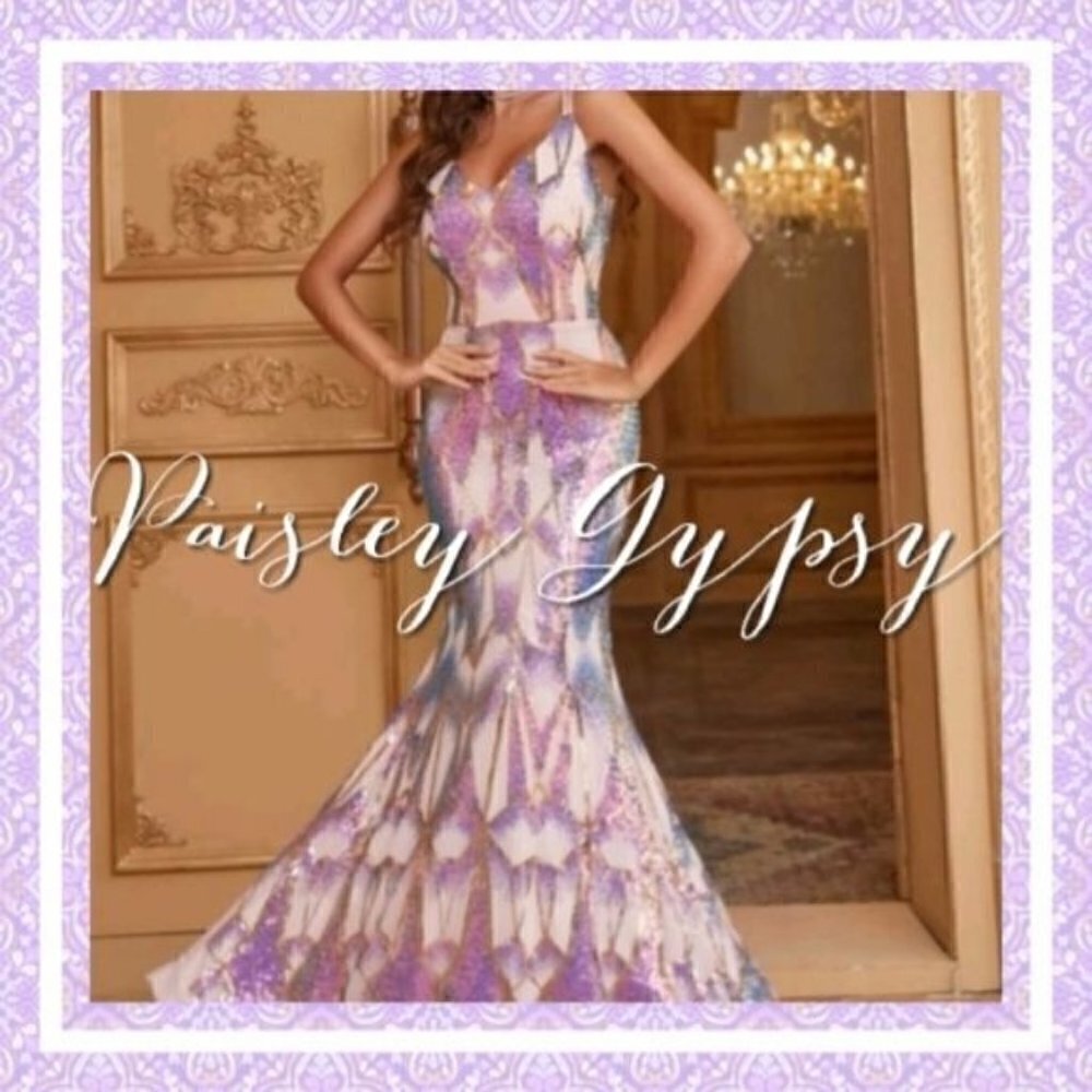 Stunning Strappy Mermaid Formal Gown in Lavender Blue and Shimmering Whi…
